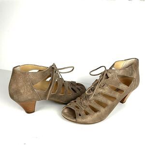 Paul Green Prague Leather Metallic Lace Up Heeled Sandals Booties Sz 8